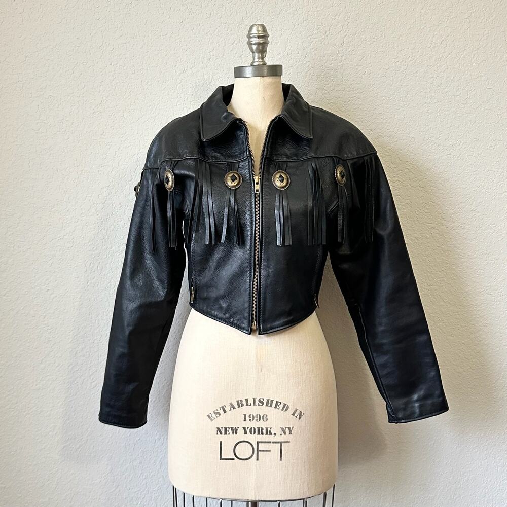 VTG PROTECH LEATHER APPAREL Fringe Jacket Womens Sz 8 Black Embossed Western 80s
